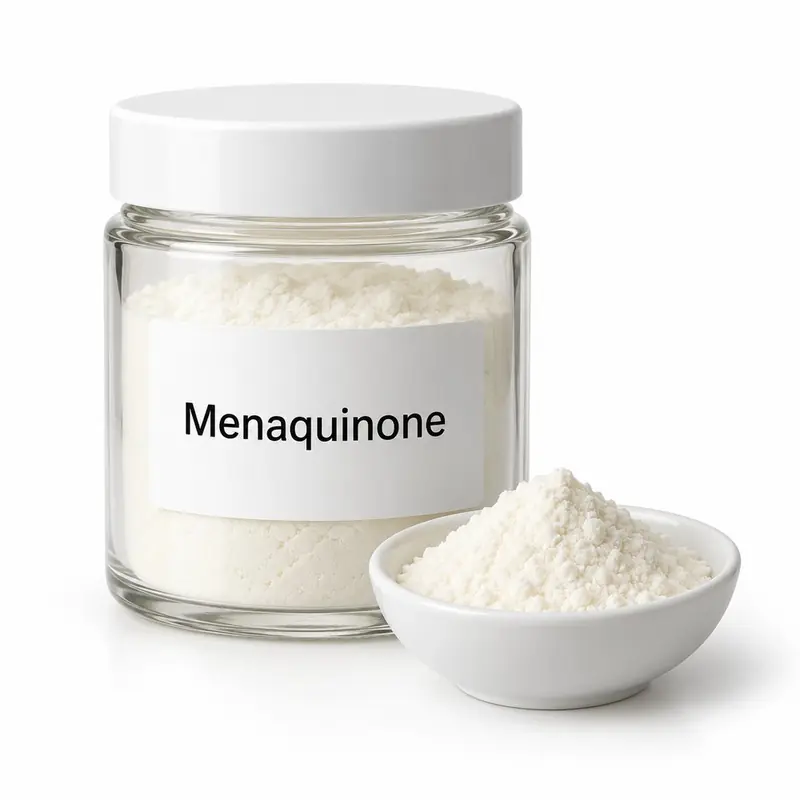 Vitamin K2 (menaquinone) in a glass jar and a dish.