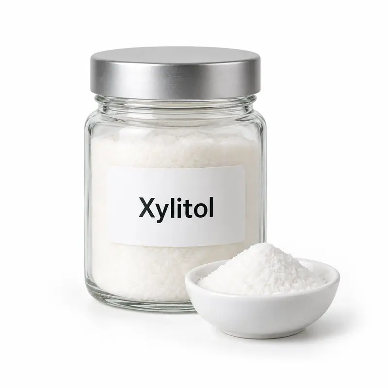 Xylitol in a glass jar and a dish.